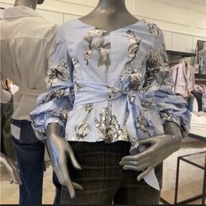 WHBM Floral Tie-Waist Puff Sleeve Top - Light Blue